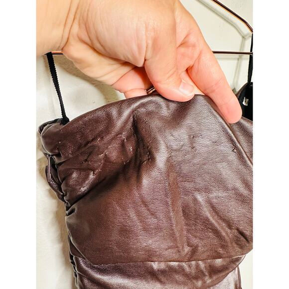 A.L.C. Brown Faux Leather Sleeveless Strapless Ruched Side Cutout Andie Dress 8 - Picture 9 of 16